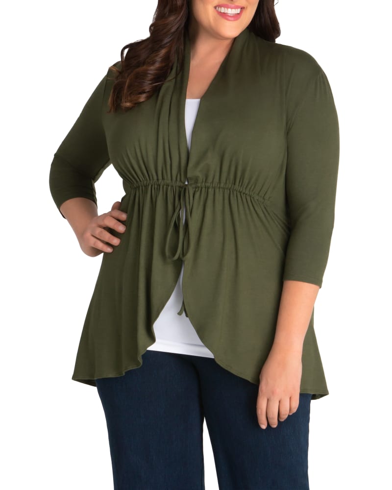Front of a model wearing a size 1X Sunset Stroll Bellini in Olive by Kiyonna. | dia_product_style_image_id:289590